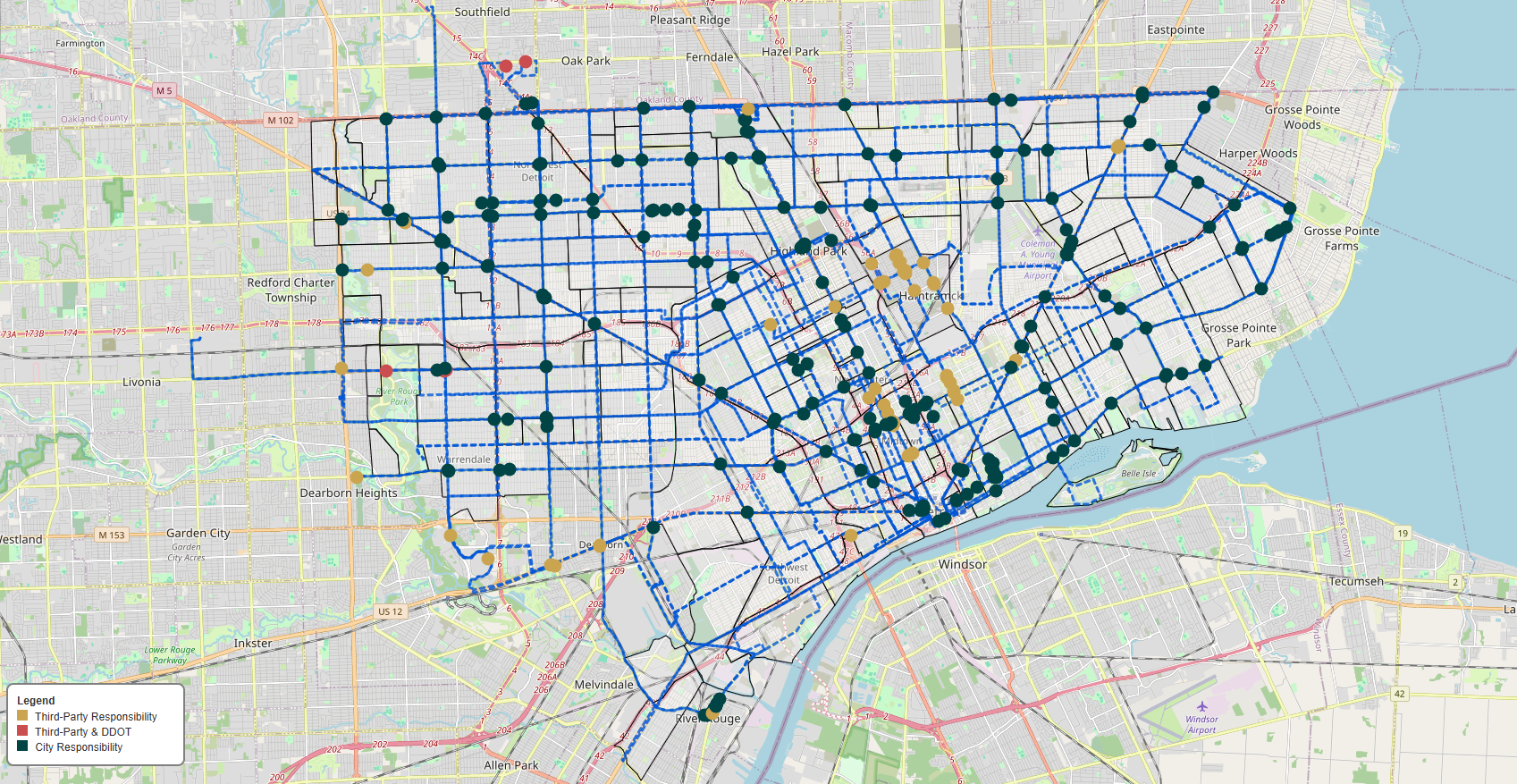 Map showing DDOT bus routes, bus stop assets, and city neighborhoods 